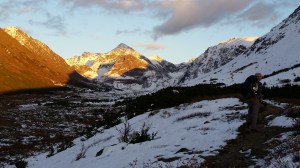 Sun shining on Wolverine Peak in the Chugach Mountains near Anchorage Alaska